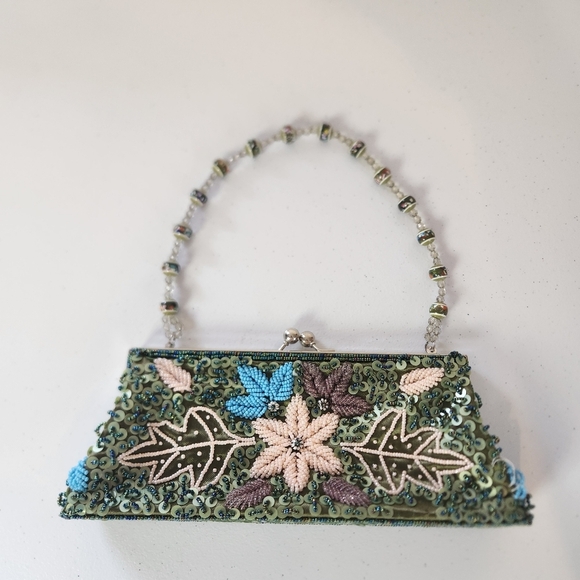 Vintage Handbags - Y2K Beaded Clutch Purse Bag Green Satin Floral Whimsygoth Fairycore 90s Vintage